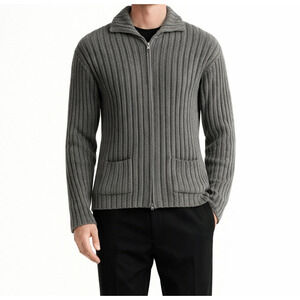 Country Road Sweater Mens L Gray Zip Front Cardigan Stretch Ribbed Vintage 90s